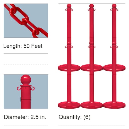 Mr. Chain Red Medium Duty Stowable Stanchion Kit and Chain, 6PK 73705-6